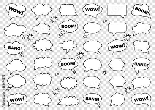 Retro blank comic bubbles and elements with black halftone shadows on a grid background. Vector illustration, vintage design, pop art style.