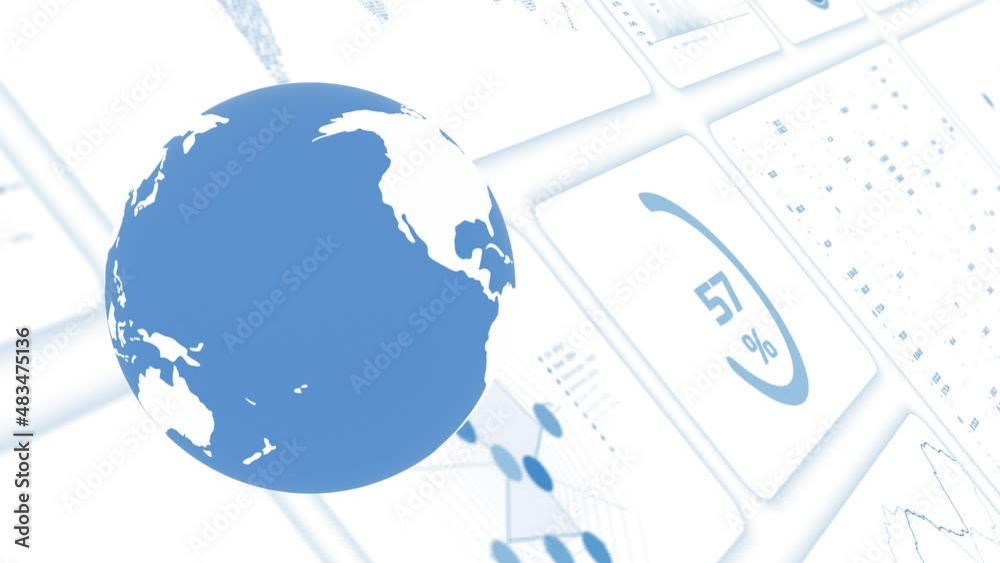 White clean business infographic data statistics on a computer digital wall with planet Earth globe animation background.