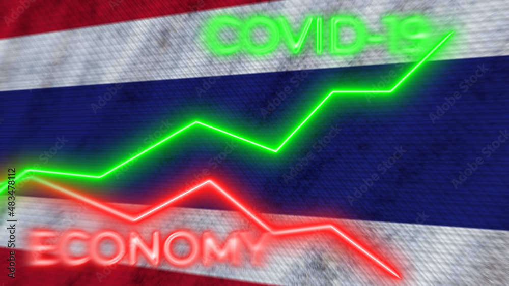 Fototapeta premium Thailand Flag and COVID-19 Coronavirus Economy Neon Titles – 3D Illustration