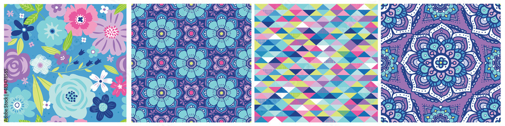 A very pretty set of seamless vector patterns in a coordinating color pallet. These patterns work beautifully together and would be great for trendy backgrounds and surface designs.