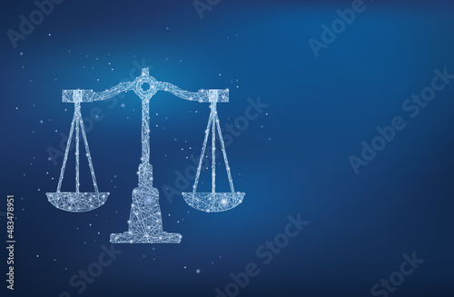 Libra horoscope glowing silhouette. Zodiac neon symbol on blue blurred background. Hologram scales. Balance and finance backdrop. Vector