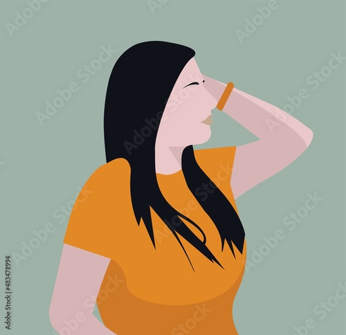 A black-haired girl poses for a photo. Vector illustration