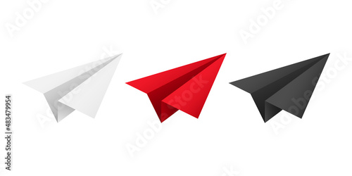 Set of paper airplanes. White, red and black airplanes. Vector clipart isolated on white background.
