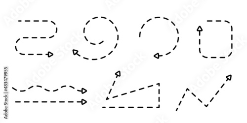 Set of arrows from dotted line. Dotted arrows of various shapes for presentations and banners. Vector clipart isolated on white background.