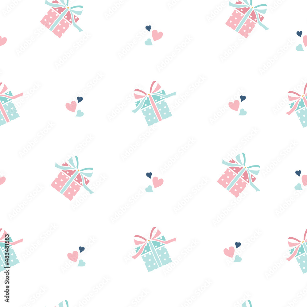 Seamless pattern gift box and love, christmas gift in white background, design for scrapbooking, decoration, cards, paper goods, background, wallpaper, wrapping, fabric and all your creative projects