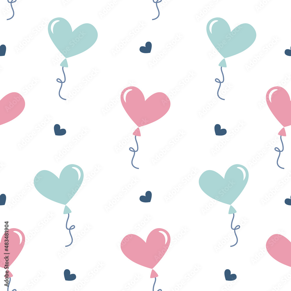 Seamless pattern heart balloon and flying heart in white background, design for scrapbooking, decoration, cards, paper goods, background, wallpaper, wrapping, fabric and all your creative projects