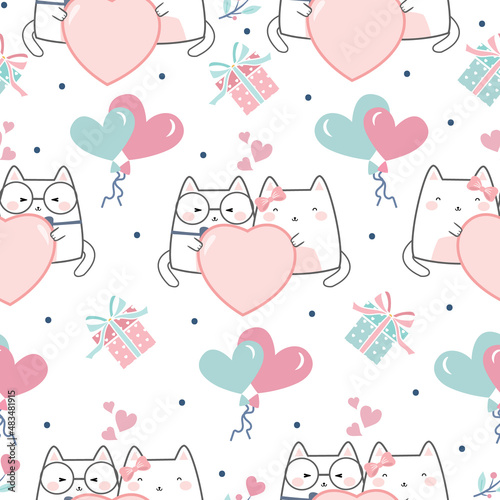 Seamless Kawaii Cute Cats Fallin’ in Love, Cartoon Animals Pattern design for scrapbooking, decoration, cards, paper goods, background, wallpaper, wrapping, fabric and all your creative projects