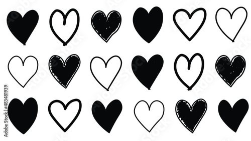 Illustration of original hand drawn hearts in straight lines. Hearts are sketched in black on white background. Love, Valentines Day, Sketch. Inclusion.
