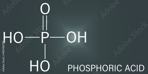 Phosphoric acid mineral acid molecule. Used in fertilizer production, biological buffers, as food additive, etc. Skeletal formula.