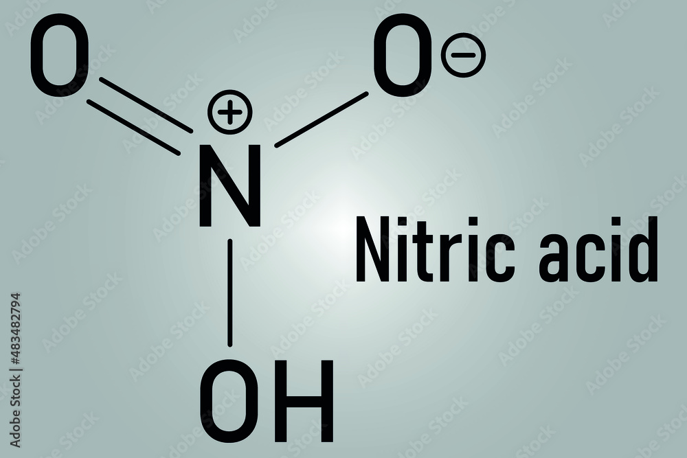 Nitric acid or HNO3 strong mineral acid molecule. Used in production of ...