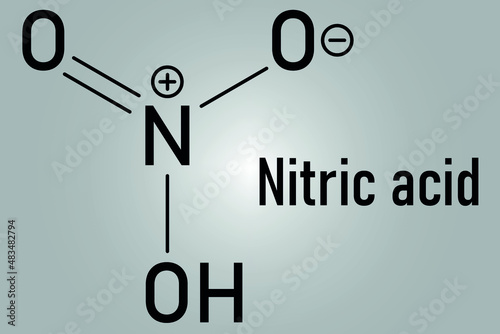 Nitric acid or HNO3 strong mineral acid molecule. Used in production of fertilizer and explosives. Skeletal formula. photo