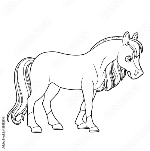 Cute cartoon horse outlined for coloring page isolated on white background