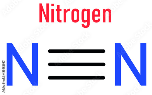 Elemental nitrogen N2 molecule. Nitrogen gas is the main component of the Earth's atmosphere. Skeletal formula.