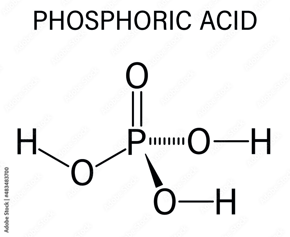 Phosphoric acid mineral acid molecule. Used in fertilizer production, biological buffers, as food additive, etc. Skeletal formula. Phosphoric acid mineral acid molecule. Used in fertilizer production, biological buffers, as food additive, etc. Skeletal formula.