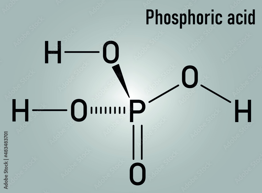 Phosphoric acid mineral acid molecule. Used in fertilizer production, biological buffers, as food additive, etc. Skeletal formula.