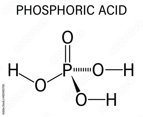 Phosphoric acid mineral acid molecule. Used in fertilizer production, biological buffers, as food additive, etc. Skeletal formula.