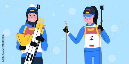 Biathlon set. Rewarding athlete and biathlete at the start. Olympic Games. Stock vector illustration.