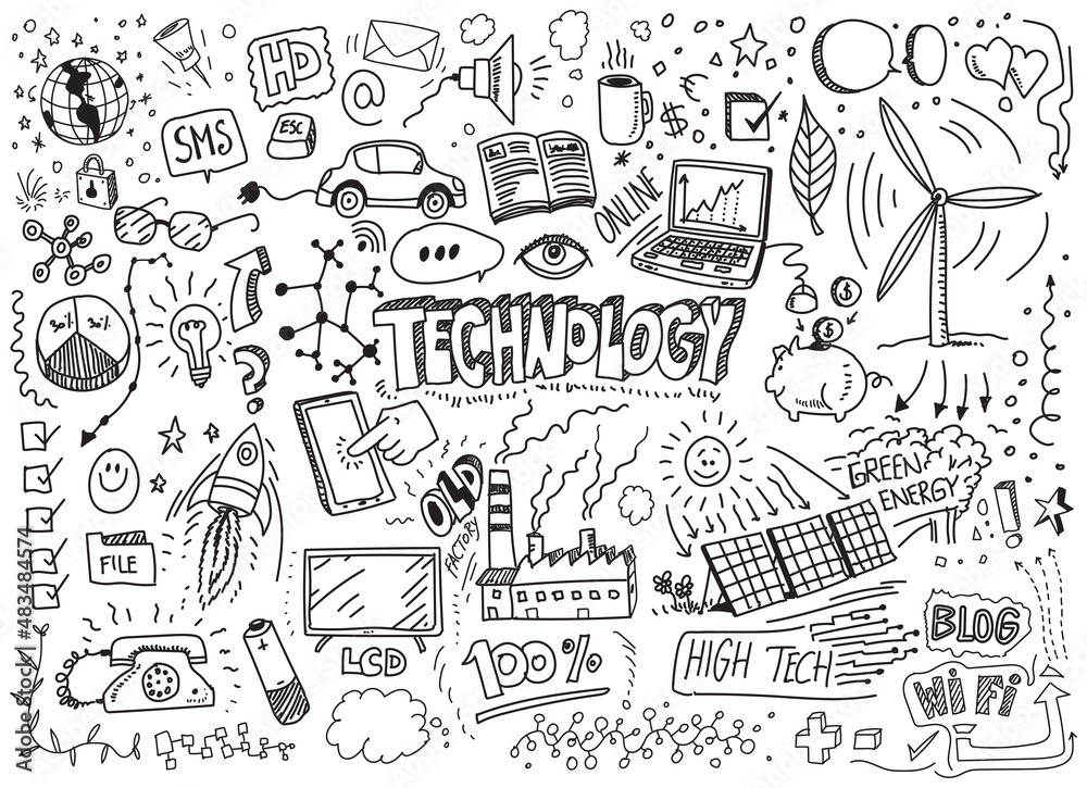 Technology hand drawn doodles on white paper