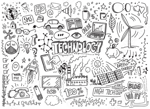 Technology hand drawn doodles on white paper