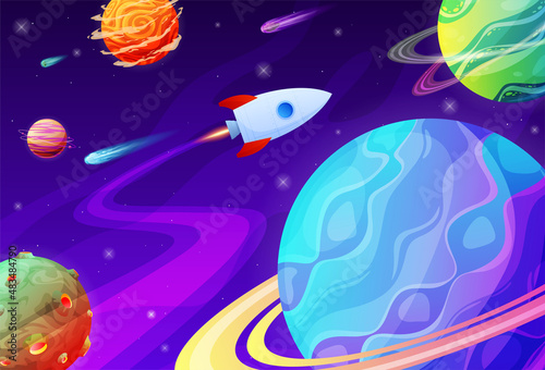 Spaceship travel to new planet vector 3d illustration. Space trip galaxy future technology © Vikivector