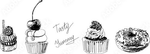 Set of cupcakes and donuts is drawn by vector in a graphics editor on a white background. Suitable for print, postcard, sketchbook cover, poster, stickers, your design.