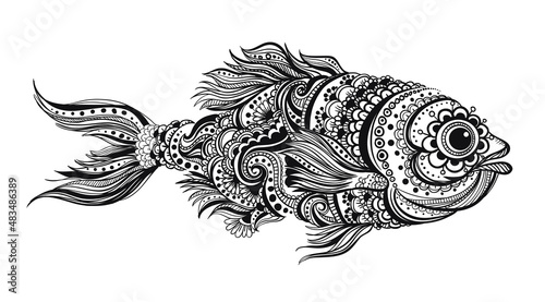 Adult Coloring book illustration with fish. Vector illustration
