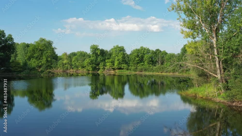 Flying over the calm summer lake in forest, sky reflection, 4k Flying over the calm summer lake in forest, sky reflection, 4k