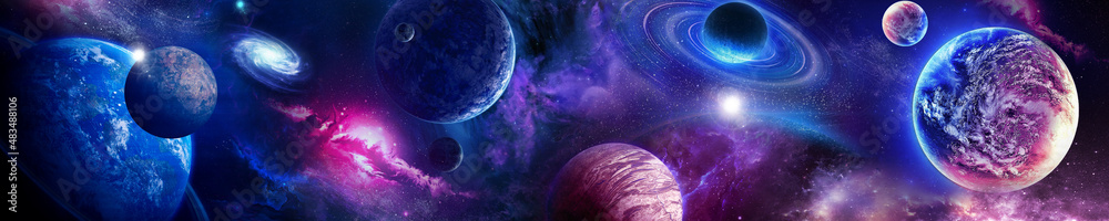Space scene with planets, stars and galaxies. Panorama.	 - obrazy, fototapety, plakaty 