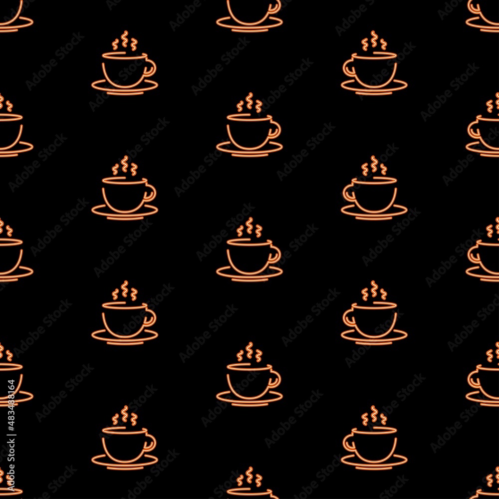 coffee cup seamless pattern, bright vector illustration on black background.