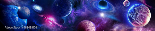 Scena kosmiczna z planetami, gwiazdami i galaktykami. Panorama.