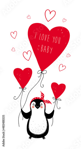 Little penguin and hearts. Cute vector illustration for valentines day.