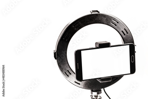 Ring Light template tripe with isolated white background, smartphone shooting horizontal with space for text or photo.