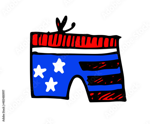 shorts with an American flag pattern. icon hand-drawn elements of summer shorts with white stars on a blue background and red and white stripes on white for the national design of the USA