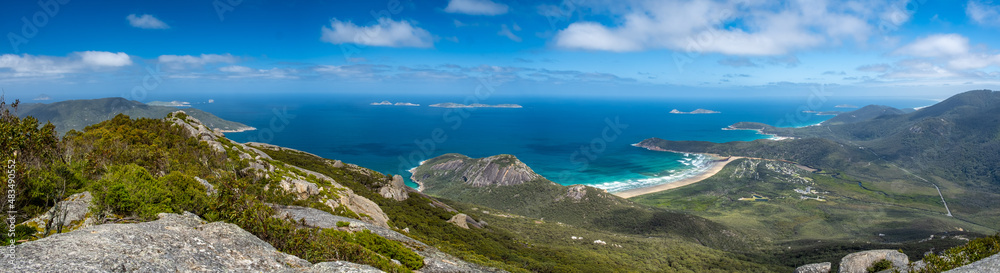 Fototapeta premium Wide panoramic landscape of scenic coastline and green hills in Wilsons Promontory, Victoria, Australia