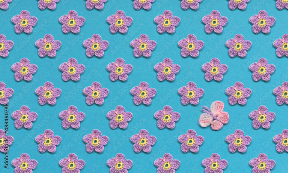 Butterfly in very peri flowers. Pattern of purple flowers and one butterfly. Blue or turquoise background. Bouquet Butterfly in very peri flowers. Pattern of purple flowers and one butterfly. Blue or turquoise background. Bouquet