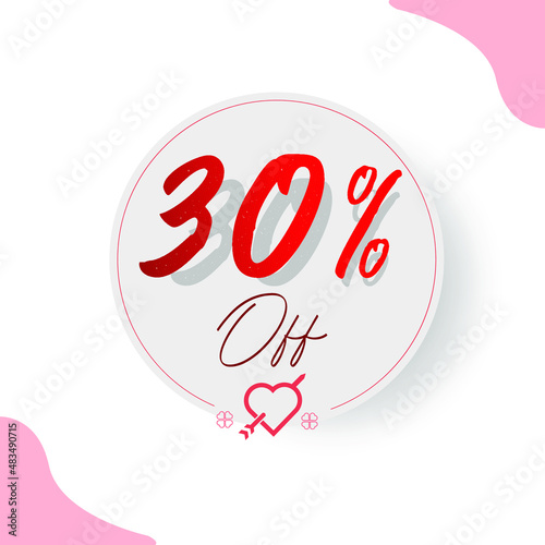 30% Circular Illustrated Price Tag with decorative cupid heart and arrow, hearts and types in red and romantic style