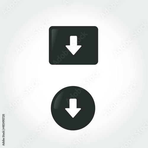 Minimalistic icon of download symbol on black square and round stand with sparkles