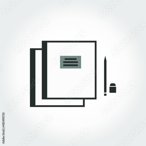 Minimalistic icon of two school notebooks, a pencil and an eraser