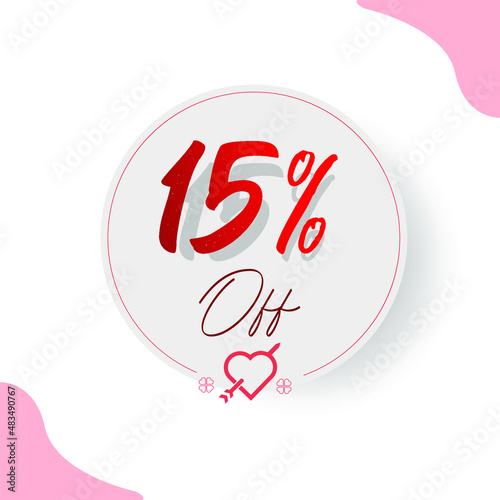 15% Circular Illustrated Price Tag with decorative cupid heart and arrow, hearts and types in red and romantic style