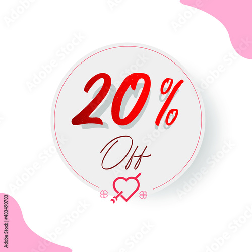 20% Circular Illustrated Price Tag with decorative cupid heart and arrow, hearts and types in red and romantic style