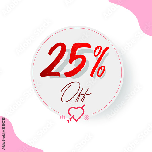 25% Circular Illustrated Price Tag with decorative cupid heart and arrow, hearts and types in red and romantic style