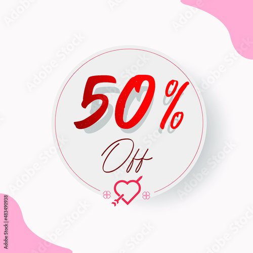 50 % Off Circular Illustrated Price Tag with decorative cupid heart and arrow, hearts and types in red and romantic style