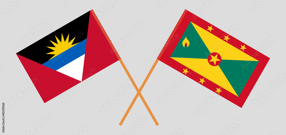 Crossed flags of Antigua and Barbuda and Grenada. Official colors. Correct proportion Crossed flags of Antigua and Barbuda and Grenada. Official colors. Correct proportion