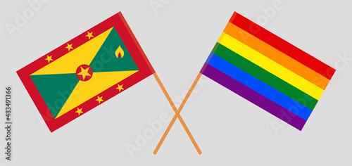 Crossed flags of Grenada and LGBTQ. Official colors. Correct proportion