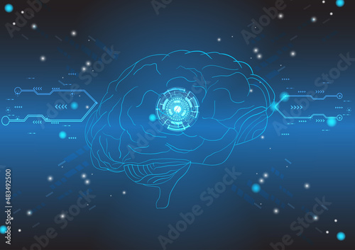 Abstract human head with a line brain network.circle and electricity with blue electronic cycle.Digital data,ai,ascience.Vector Technology background and Artificial intelligence concept.