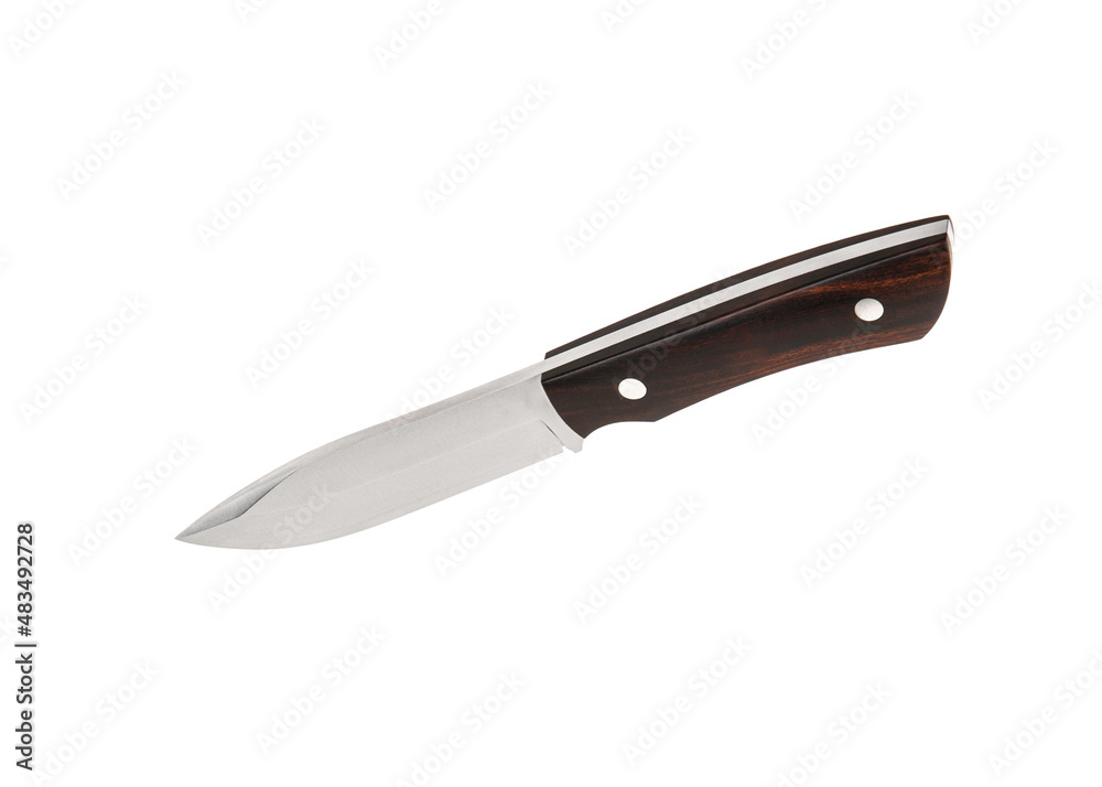 Modern hunting knife with silver blade and rubber handle. Steel arms. Isolate on a white back Modern hunting knife with silver blade and rubber handle. Steel arms. Isolate on a white back