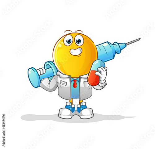 emoticon head cartoon doctor holding medichine and injection