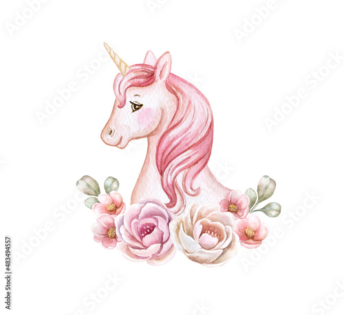 Unicorn portrait, face with pink mane and floral vignette, frame with flowers. Watercolor. Illustration. Hand drawing. Greeting card design. Clip art