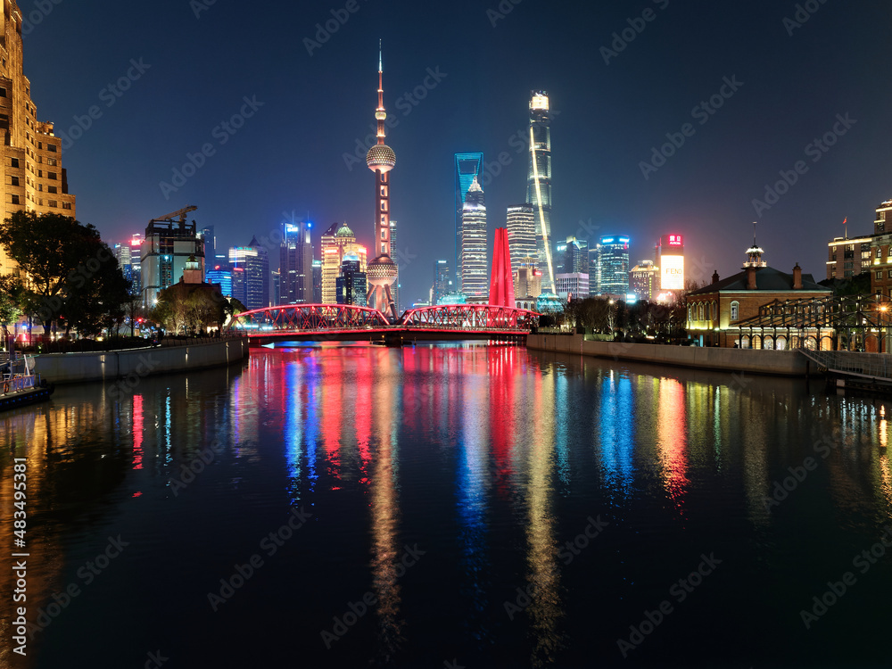 night view of shanghai by the Wusong river or Suzhou river, beautiful reflection on water surface