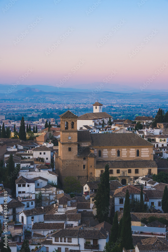 Sunrise skyline view of Albaicin district of Granada from Sacromonte, Andalucia, Spain